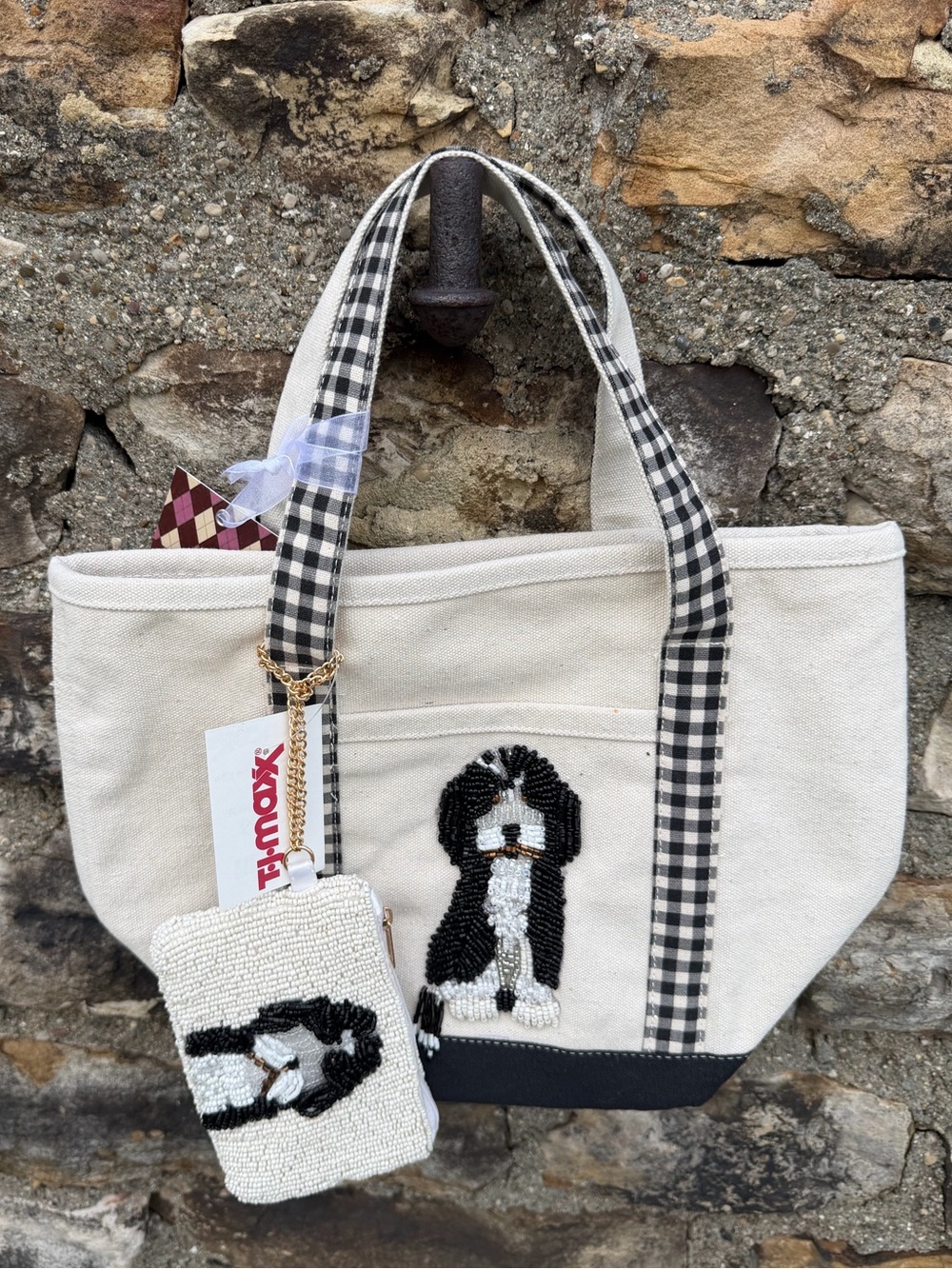 NWT Cream and Black Canvas Dog Tote with Beaded Pup Accent and beaded coin purse